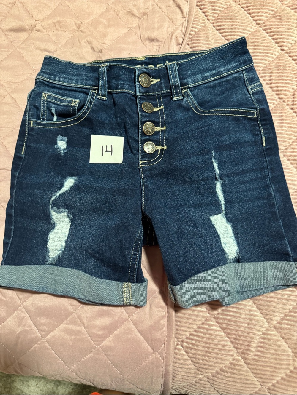 Dark Blue Distressed High-Rise Denim Shorts